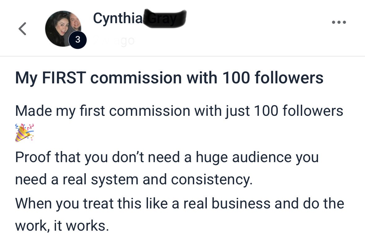Cynthia Gray testimonial: first commission with just 100 followers