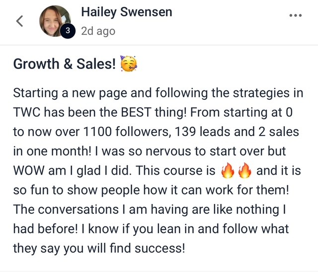 Hailey Swensen testimonial: 1100 followers, 139 leads and 2 sales in one month