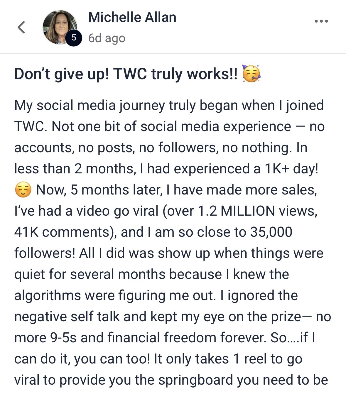 Michelle Allan testimonial: 1K+ day in less than 2 months with TWC